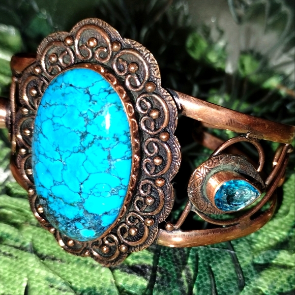 Turquoise + Blue Topaz Copper Bracelet - Picture 3 of 6